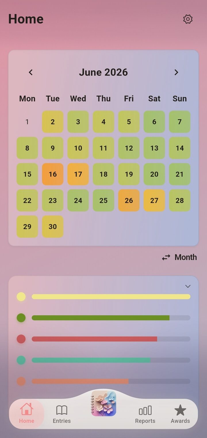 Home screen: a month where every day is coloured by how it felt